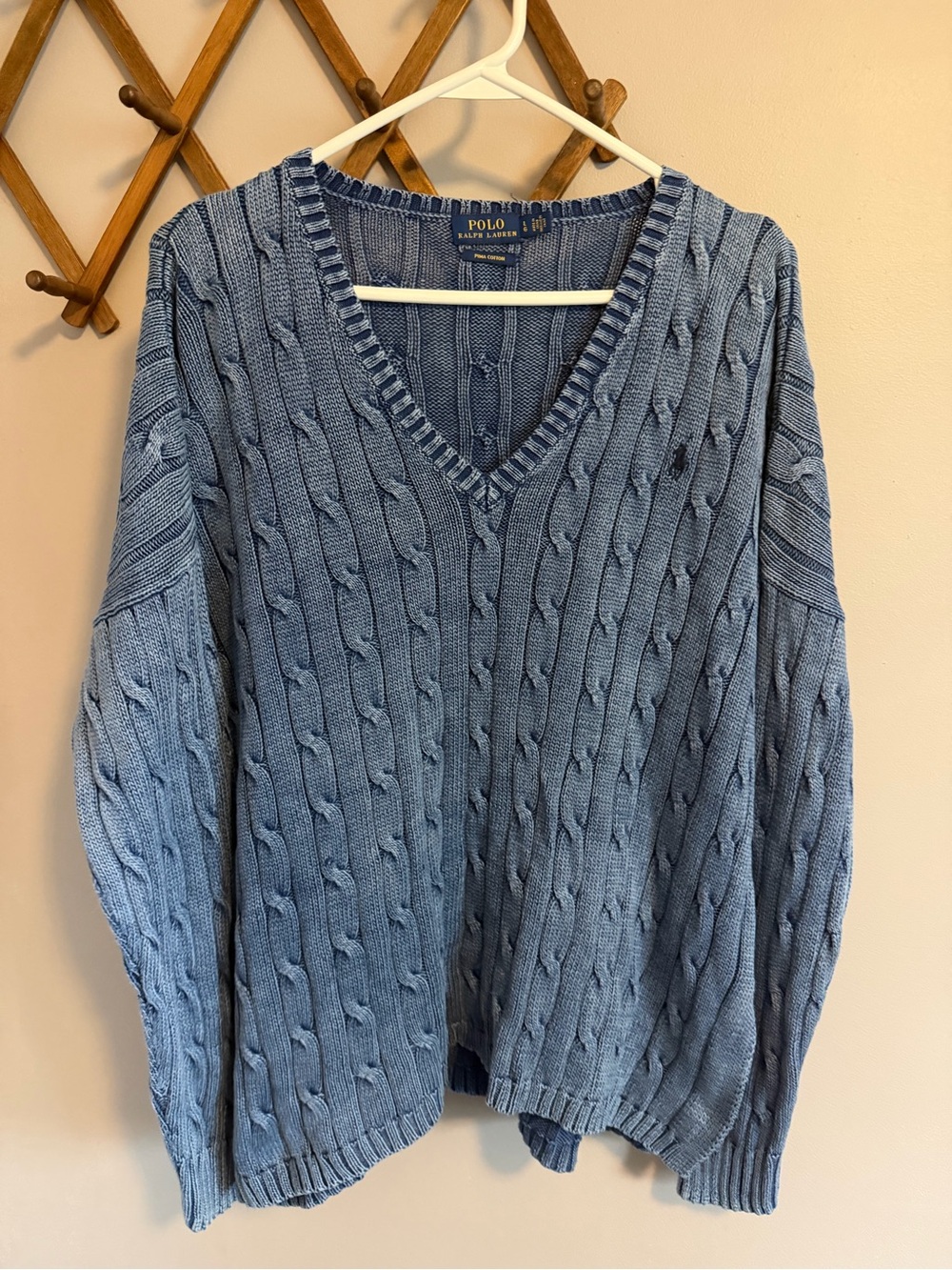 Polo Ralph Lauren Blue Cable Knit Pima Cotton V-Neck Sweater L
